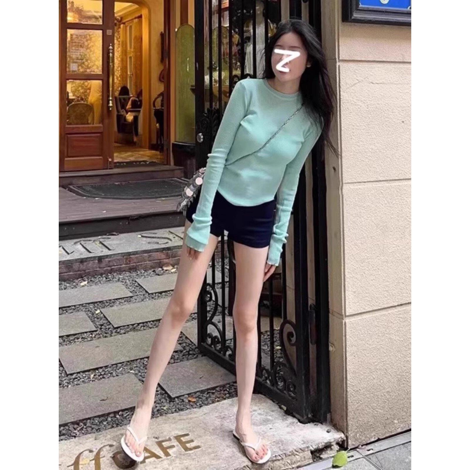 日系针织衫T恤女长袖秋季2025新款少女心薄荷绿性感微透薄款上衣