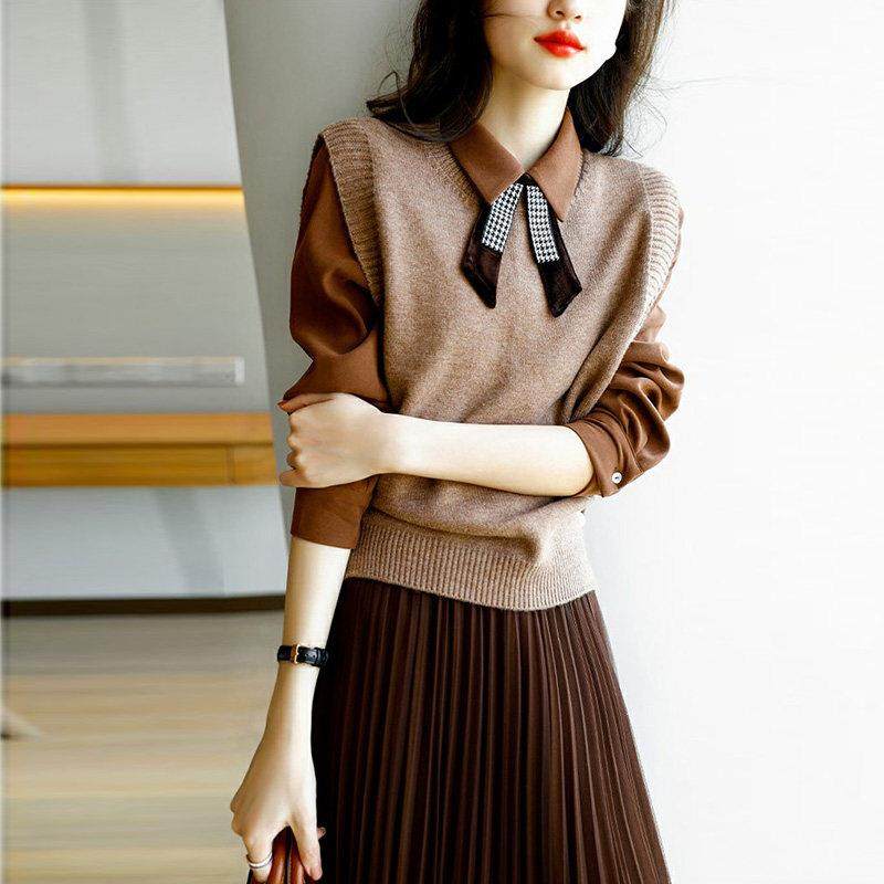 欧洲站秋装新款港风覆古轻奢女神范职业通勤马甲衬衫半身裙三件套