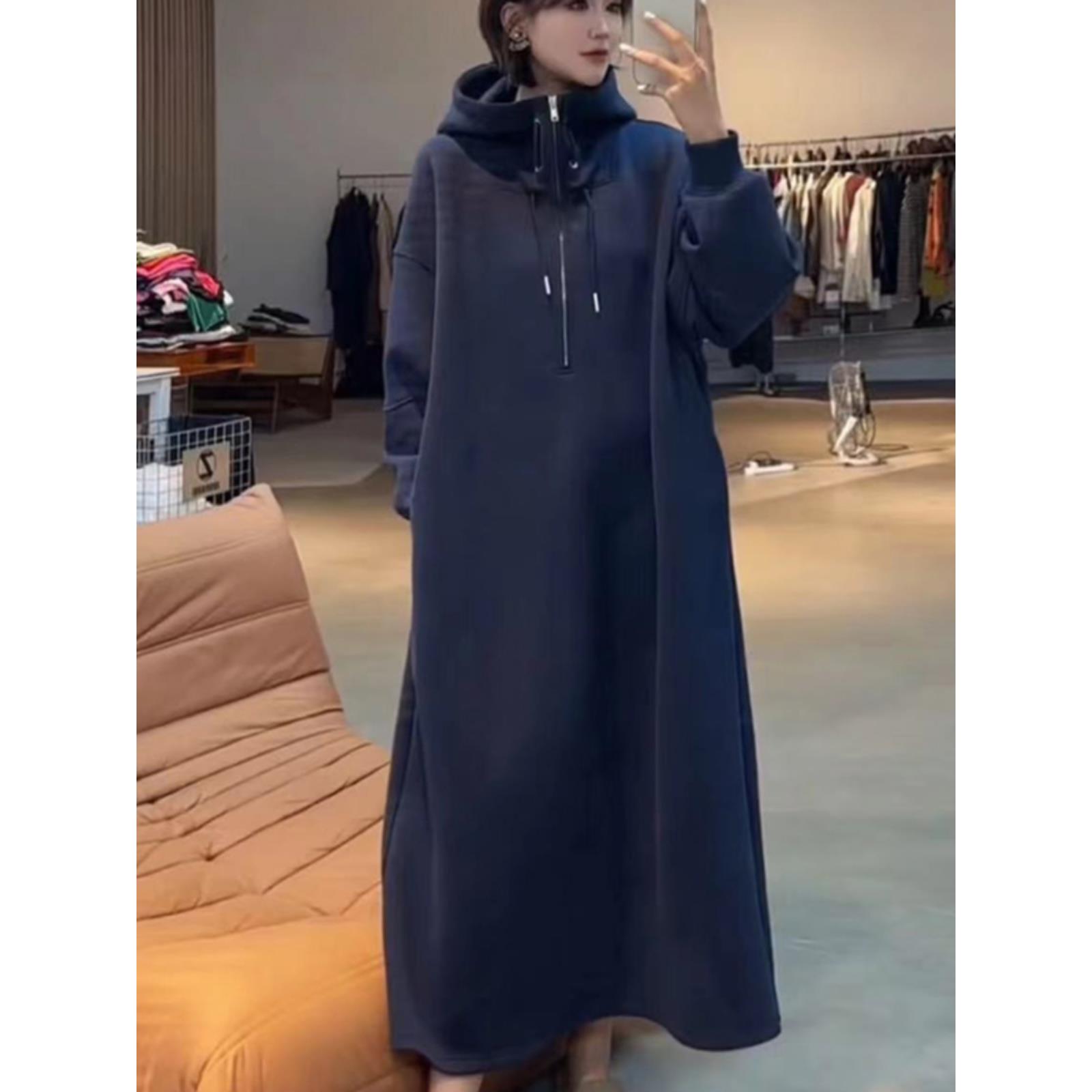 法国Rouje Moaks卫衣裙女2025春连帽半开领连衣裙直筒长裙