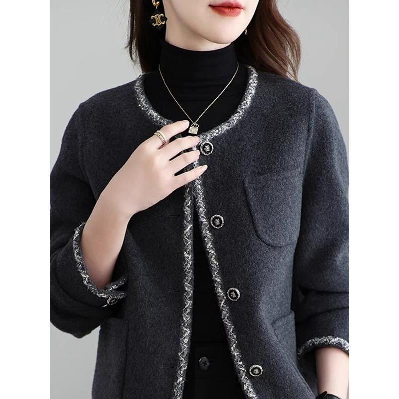 YENR 高端双面羊绒简约时尚上衣 秋冬款圆领纯色~小香风羊毛外套