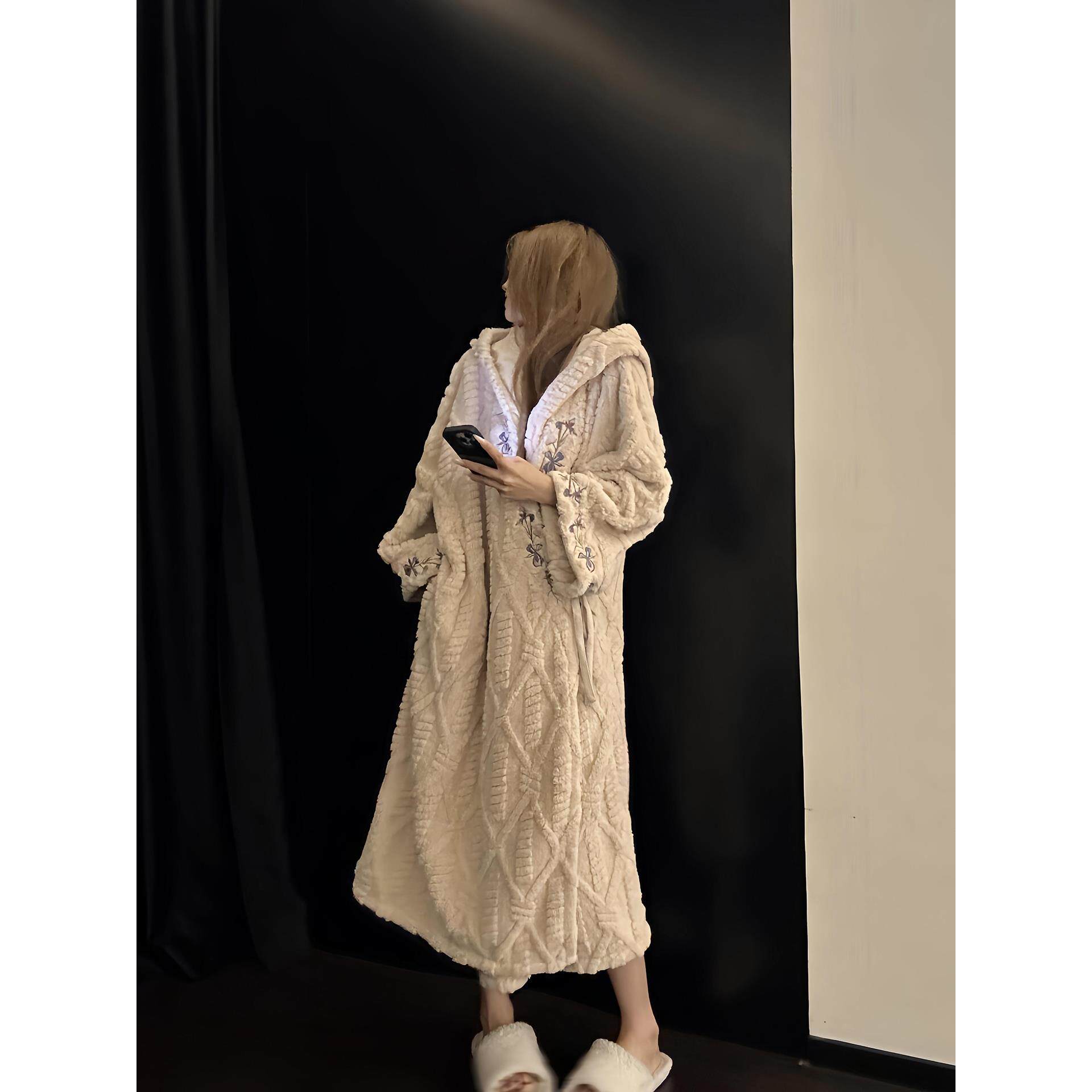 韩国Uamtor新中式国风睡衣女秋冬季新款珊瑚绒长款睡袍加厚家居服