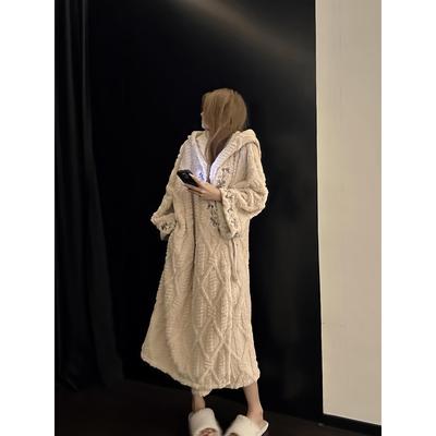 韩国Uamtor新中式国风睡衣女秋冬季新款珊瑚绒长款睡袍加厚家居服