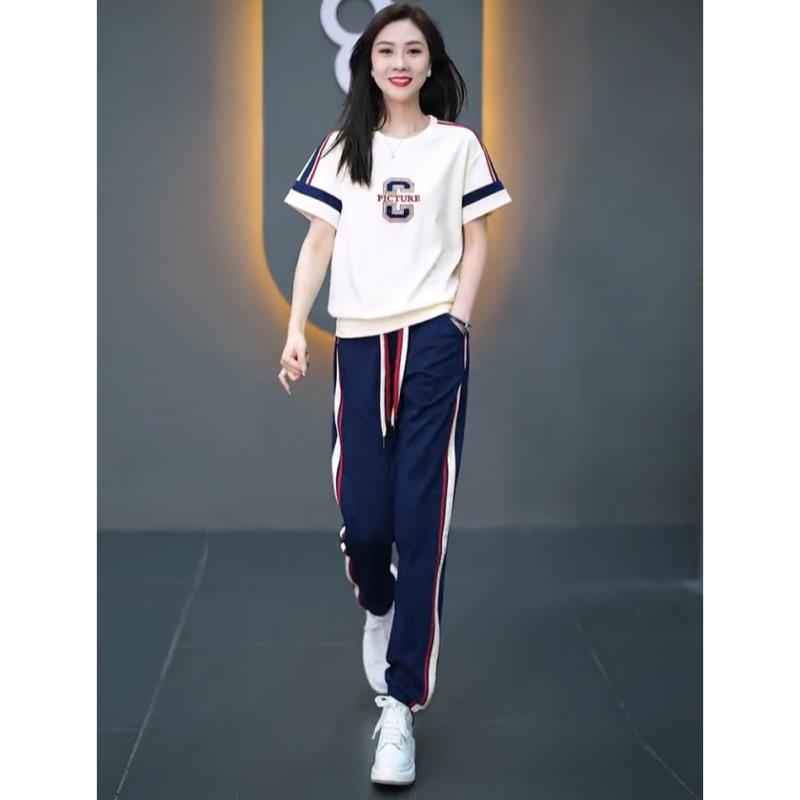 休闲运动套装女短袖2026夏季新款时尚洋气显瘦圆领卫衣卫裤两件套