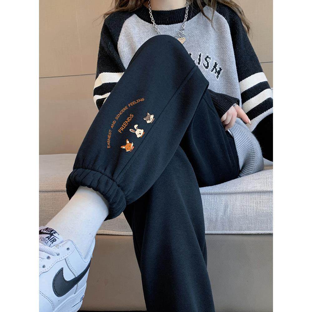 法国Rouje Dsyle黑色卫裤女秋冬加绒运动裤百搭束脚小个子休闲裤