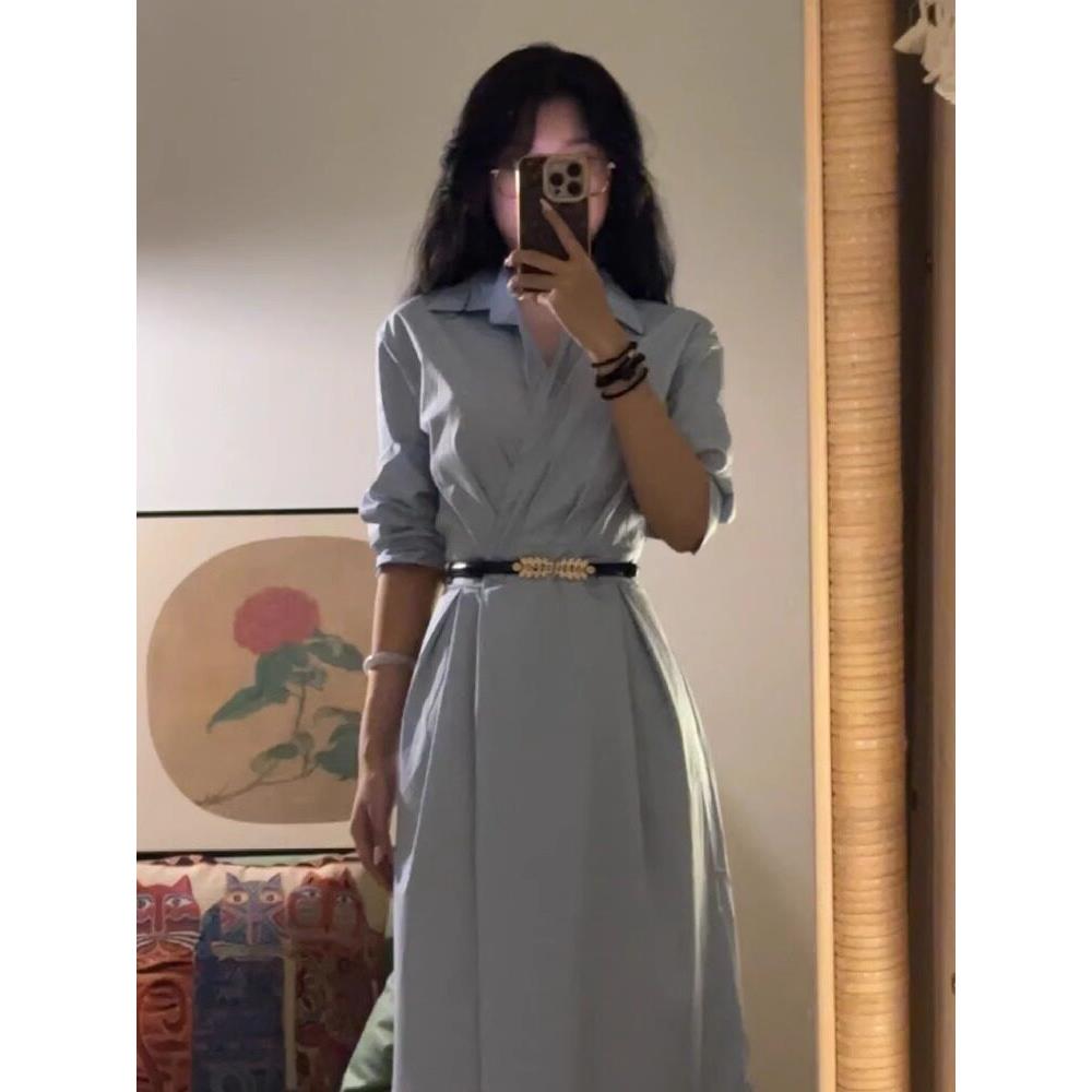 日式早秋新款蓝色长袖衬衫连衣裙女式法式高端雅腰百搭长裙