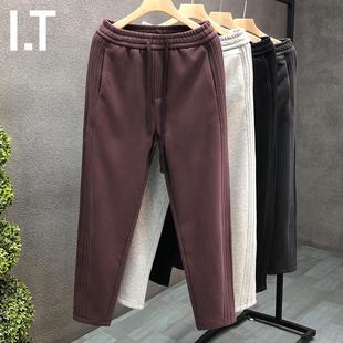 潮牌秋冬款加绒加厚直筒休闲裤男士百搭宽松长裤子侧条纹运动卫裤