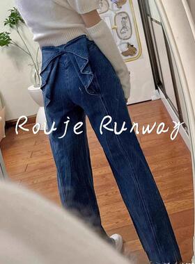 法式Rouje Runway覆古小众设计牛仔裤高腰显瘦蓝色直筒阔腿裤女
