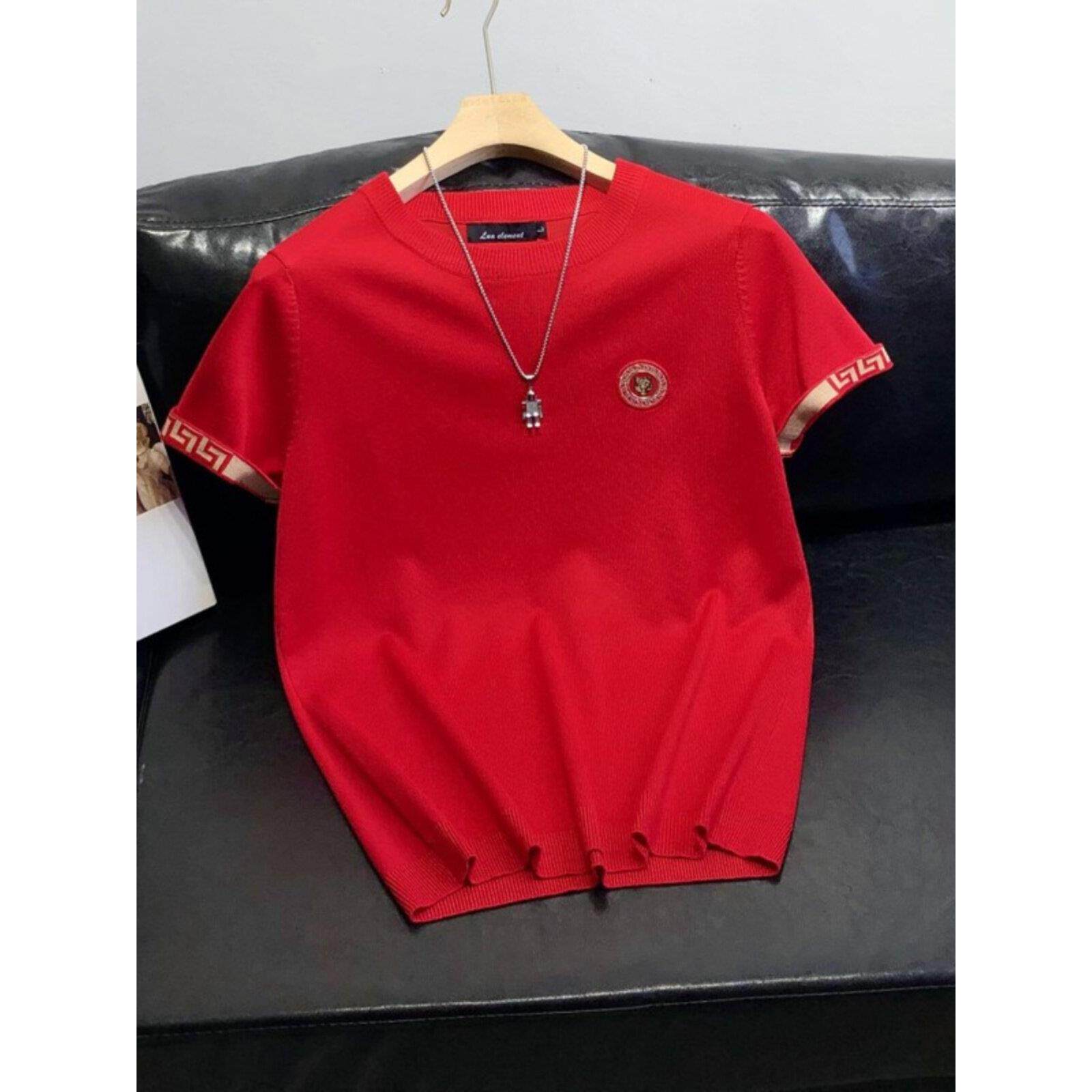 新款潮流针织短袖男毛衣半袖刺绣圆领打底衫秋季修身青年套头上衣