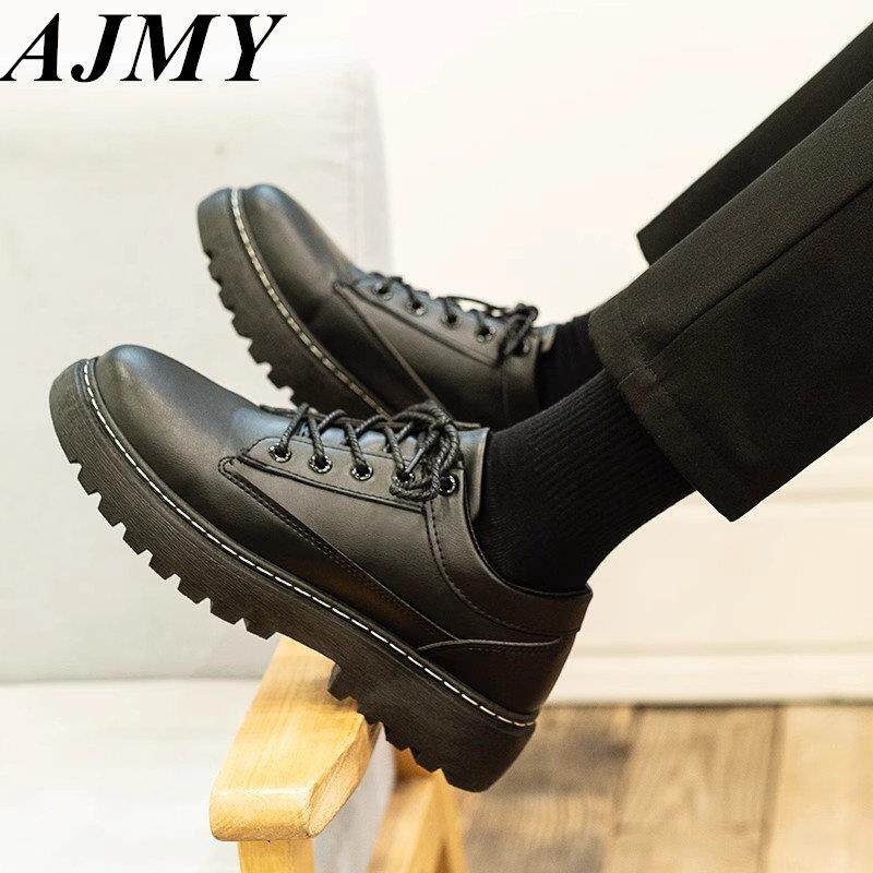 法国AJMY新款皮鞋潮流百搭透气防臭男鞋休闲青少年英伦黑色小皮鞋