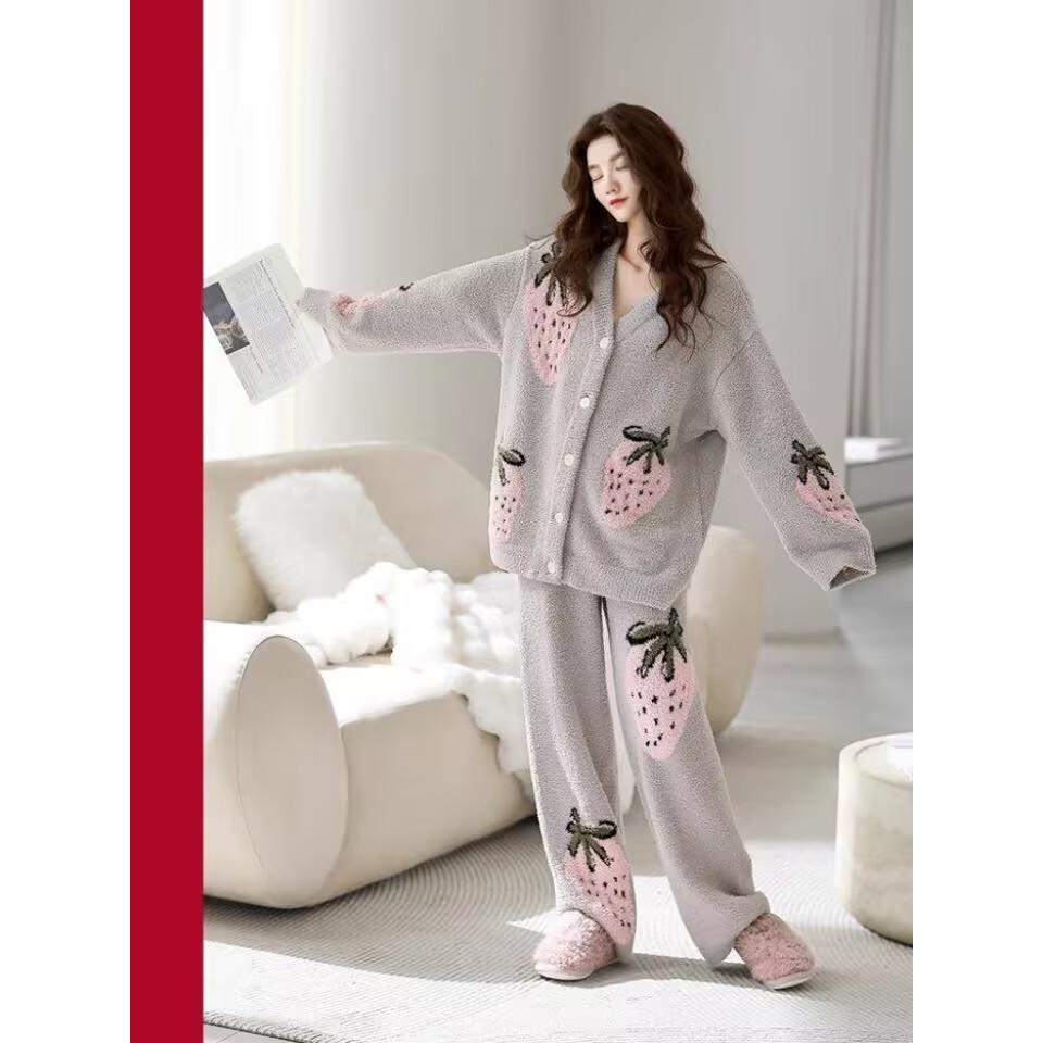 高端睡衣女款冬季半边绒加绒加厚珊瑚绒保暖秋冬款开衫家居服套装