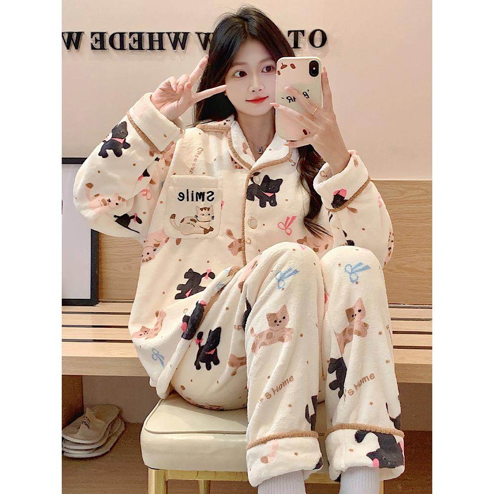 珊瑚绒睡衣冬季女加绒加厚2024新款卡通可爱开衫法兰绒家居服套装