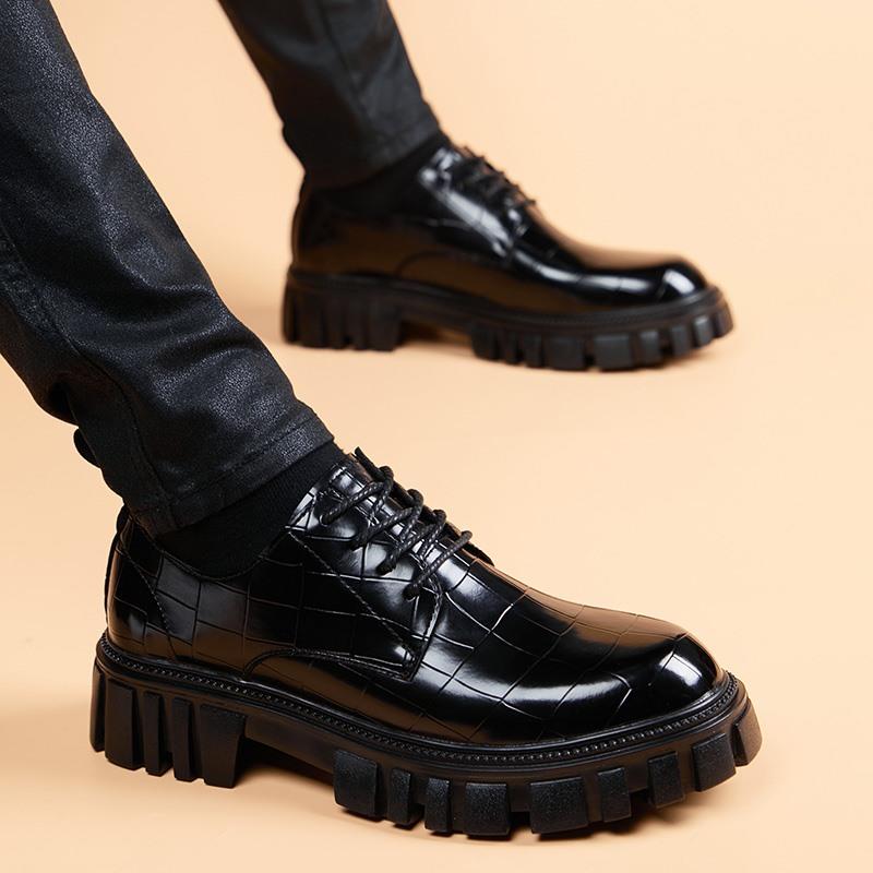 漆皮厚底内增高大头皮鞋男正装商务英伦风休闲圆头亮面真皮工装鞋