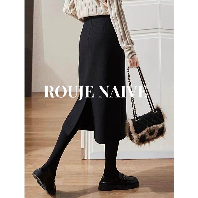 ROUJE NAIVE毛呢半身裙女春秋新款显瘦一步开叉a字高腰中长包臀裙,女装/女士精品,大码半身裙,淘宝优惠券,粉丝福利购,淘宝优惠卷