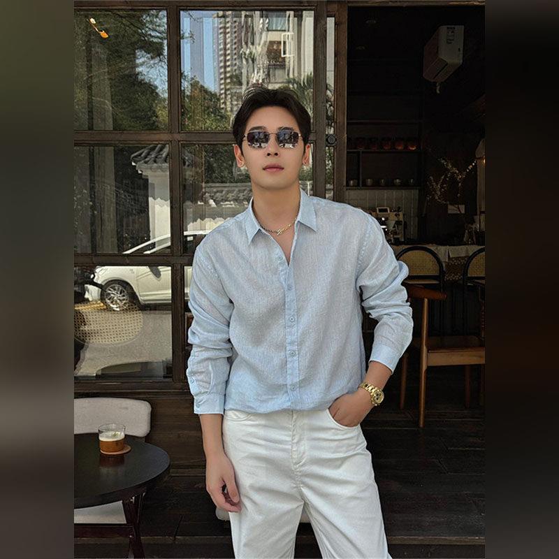 轻奢浅蓝色长袖亚麻衬衫男2026春夏老钱风高级松弛感轻薄防晒衬衣