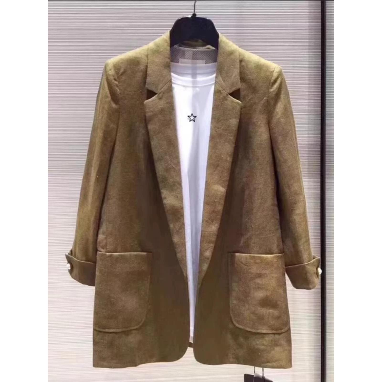 2025秋新款鑫欣阿玛施艾正品官网时尚休闲宽松亚麻西装外套