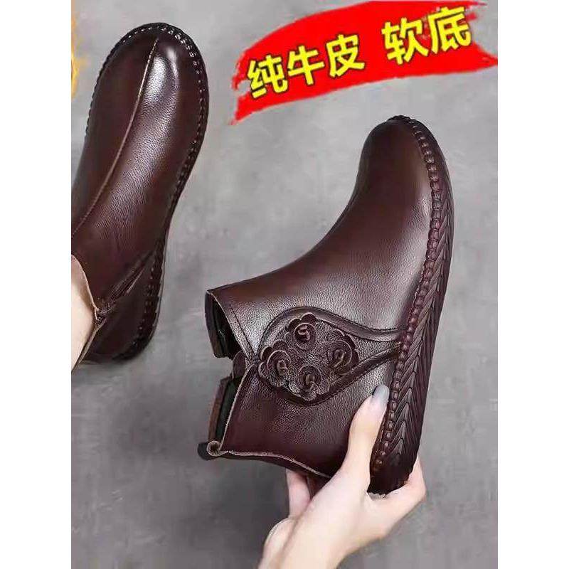 潮牌真皮棉鞋秋冬加绒妈妈鞋保暖短靴软平底防滑羊毛中老年皮靴女,女鞋,时装靴,淘宝优惠券,粉丝福利购,淘宝优惠卷