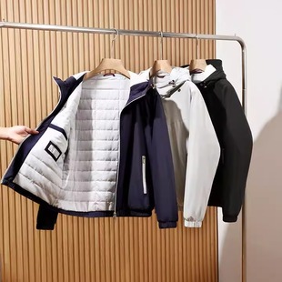 秋冬轻型保暖防风连帽棉衣外套 男士 顶奢 羊毛桑蚕丝填充棉服