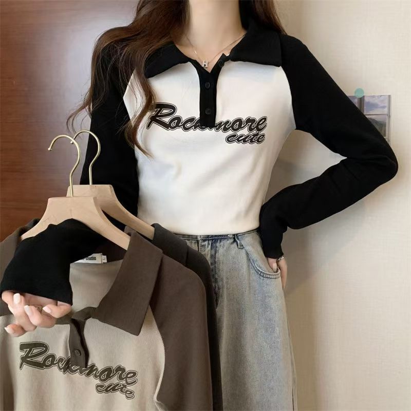 初高中学生polo领t恤上衣春秋新款少女大童短款修身显瘦长袖卫衣