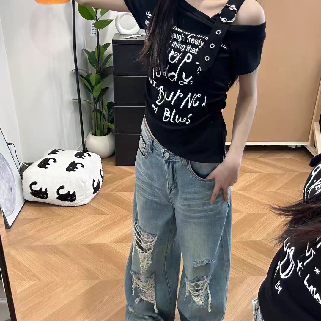 女大童2025夏季新款露肩短袖t恤初中学生夏款短款上衣斜肩半袖潮T图片