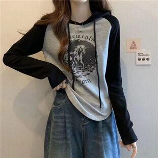 初高中学生连帽T恤上衣2026春秋新款女大童短款插肩长袖卫衣百搭