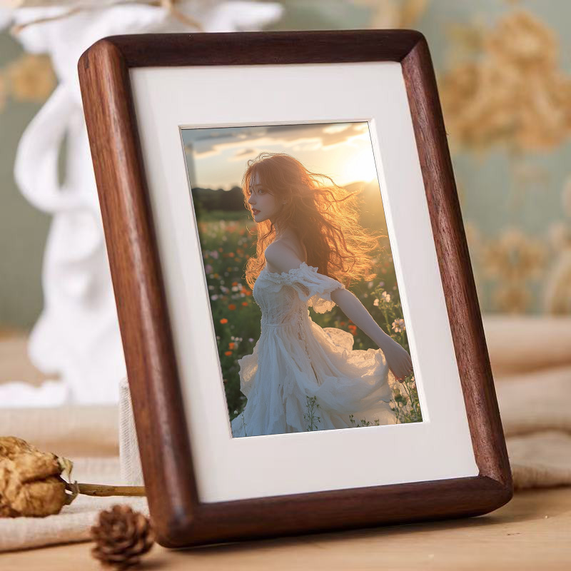 榫卯实木圆角相框黑胡桃木摆台六寸6 7 8寸黄金檀木质画框高级感