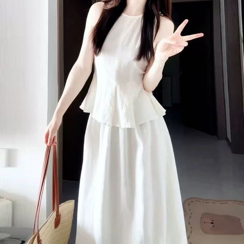 法式温柔白色背心吊带连衣裙女夏季2025年新款巨好看气质长裙套装