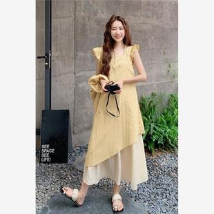 方领连衣裙女 2025夏季 新款 甜美系韩版 减龄假两件a字裙黄色小飞袖