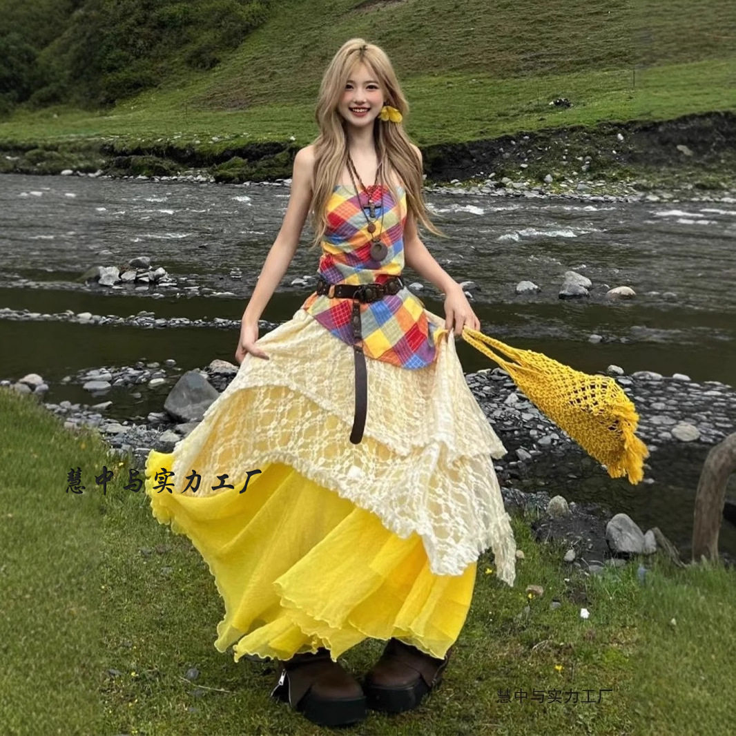 套装女夏季纯欲风辣妹不规则格纹上衣叠穿蕾丝裙半身裙三件套