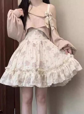 洛丽塔连衣裙秋冬新款学院风碎花吊带裙甜美露肩蓬蓬蛋糕裙少女裙