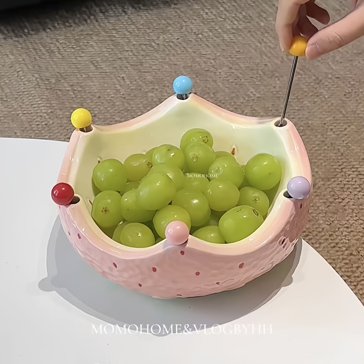 草莓果盘水果叉可爱陶瓷大容量水果盘不锈钢安全水果签果叉碗套装