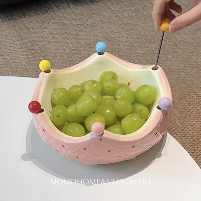 草莓果盘水果叉可爱陶瓷大容量水果盘不锈钢安全水果签果叉碗套装