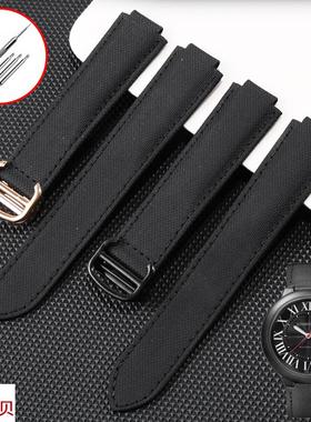 适用原装尼龙手表带卡地亚蓝气球凸口黑骑士帆布表链黑色腕带配件