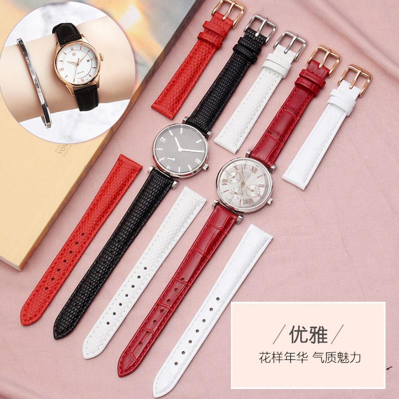适用原装女真皮手表带101214白红粉色阿玛尼满天星化石卡西欧罗西
