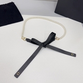 2025新款 小香风腰带女高质量珍珠字母羊皮腰链蝴蝶结真皮链条