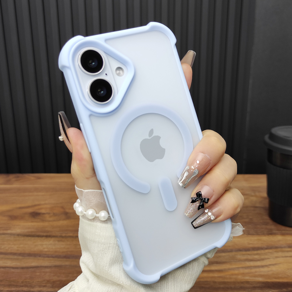 适用苹果16ProMax手机壳iPhone15气囊防摔14Plus肤感磨砂13磁吸充电12硅胶11大孔简约保护套远峰蓝D41