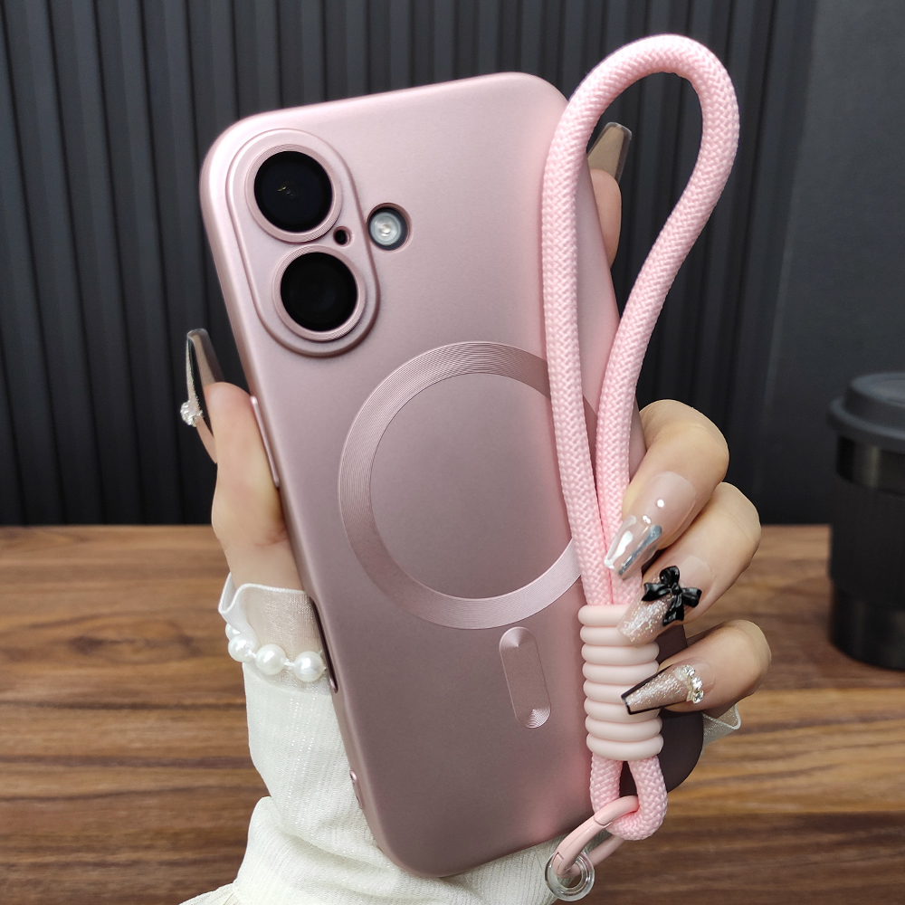 适用苹果16ProMax手机壳iPhone15自带玻璃镜头膜14Plus哑光电镀13防摔全包新款12手绳保护套11时尚苹果粉B26