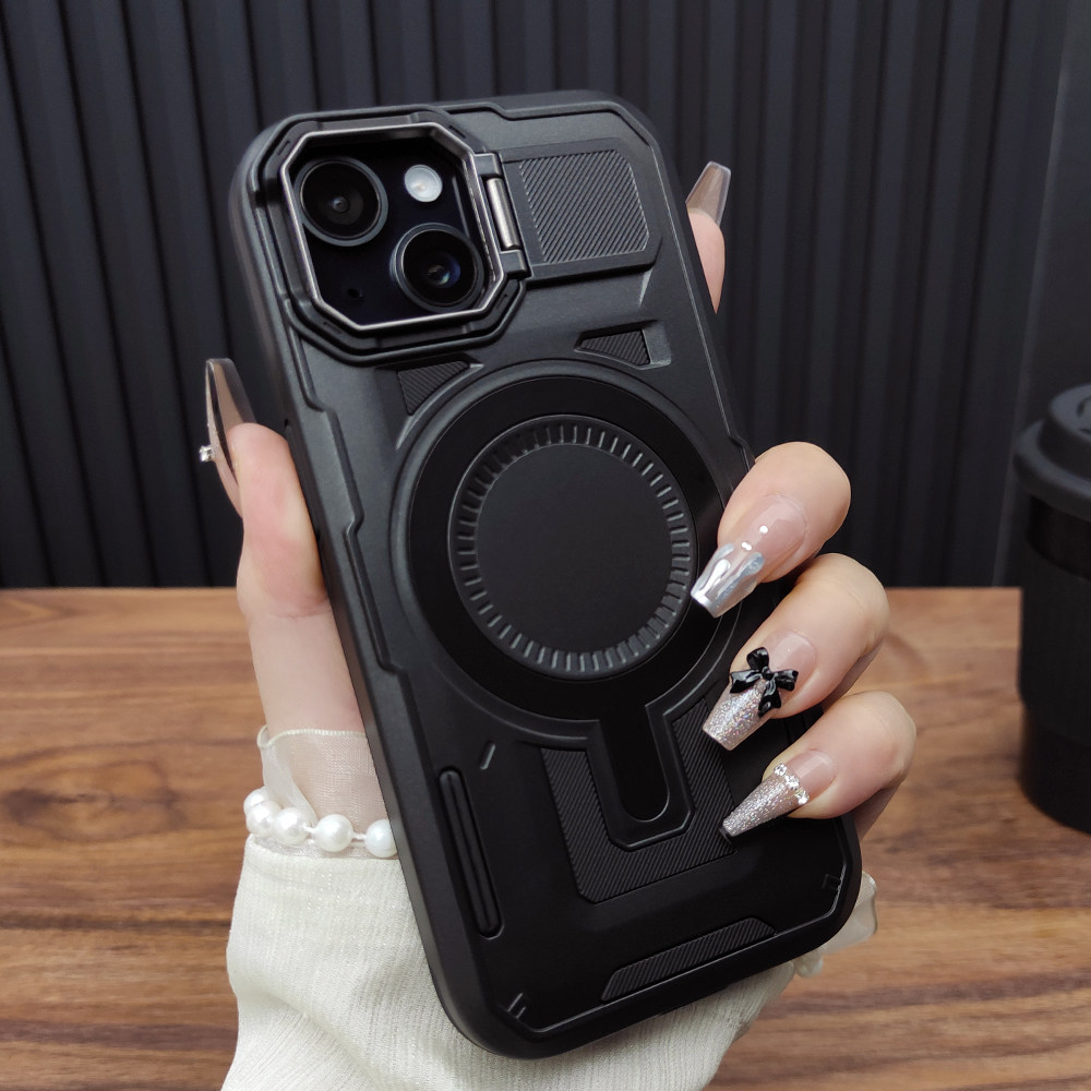 适用苹果16手机壳iPhone15ProMax合金折叠支架14Plus气囊防摔13磁吸充电12防摔大孔机甲个性11保护套时尚C35