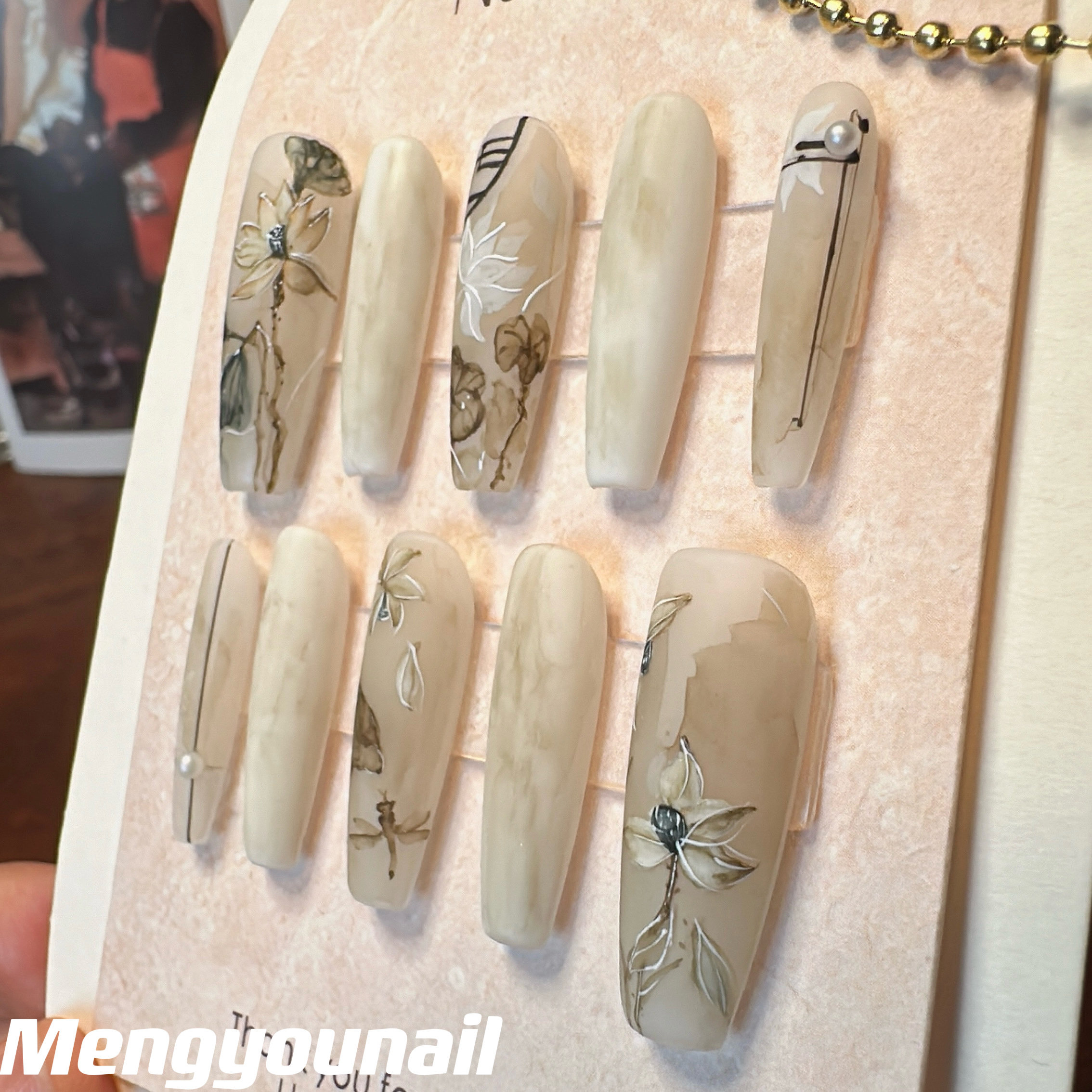 梦游穿戴甲手工定制全手绘枯叶荷花国风新中式高级感美甲