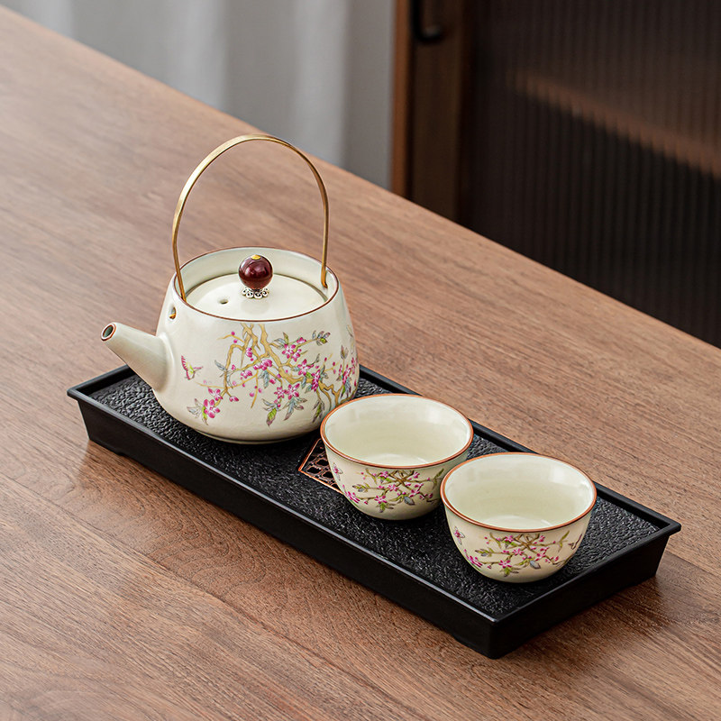 黄汝窑桃花茶具小套装女士家用宿舍一人饮泡茶壶茶杯干泡茶托盘