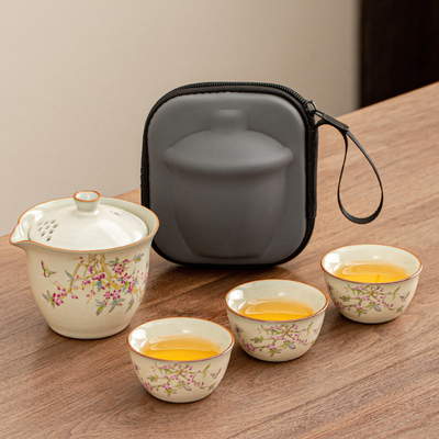 黄汝窑桃花旅行茶具套组可携式一人饮泡茶盖碗杯户外旅游喝茶器具