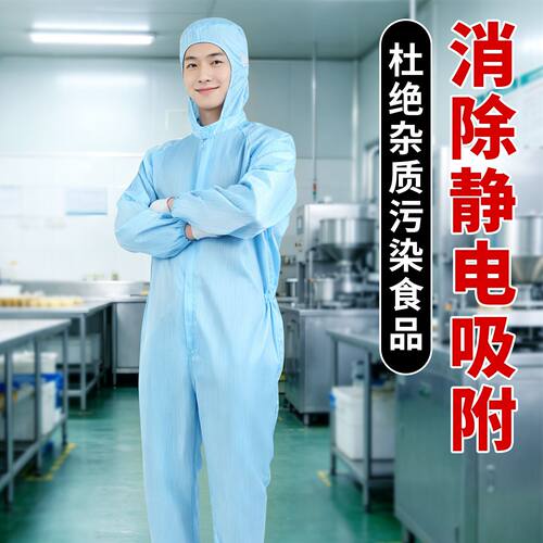 2026新款蓝色连帽防静电连体无尘防护服条纹网格男女通用防尘服
