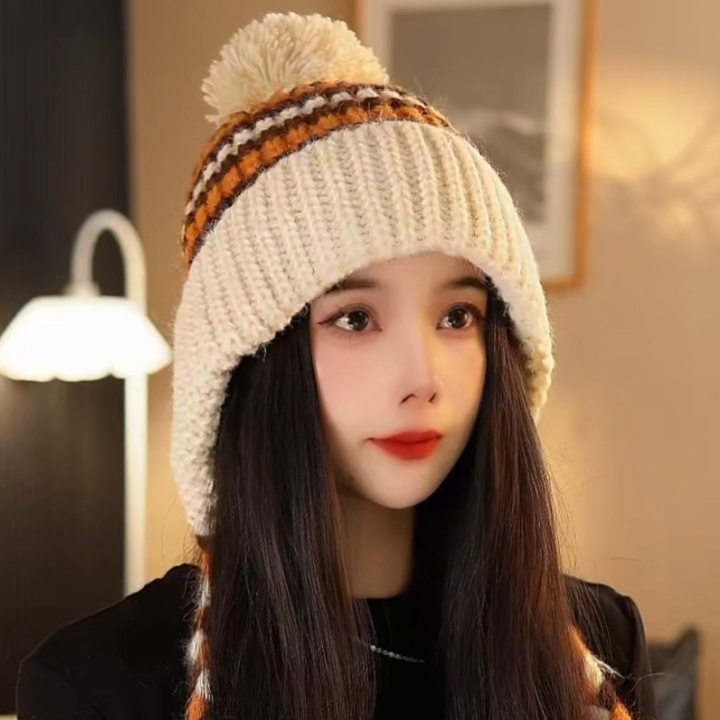 2025新款秋冬韩版毛球撞色毛绒针织帽子女秋冬季保暖护耳毛线帽潮