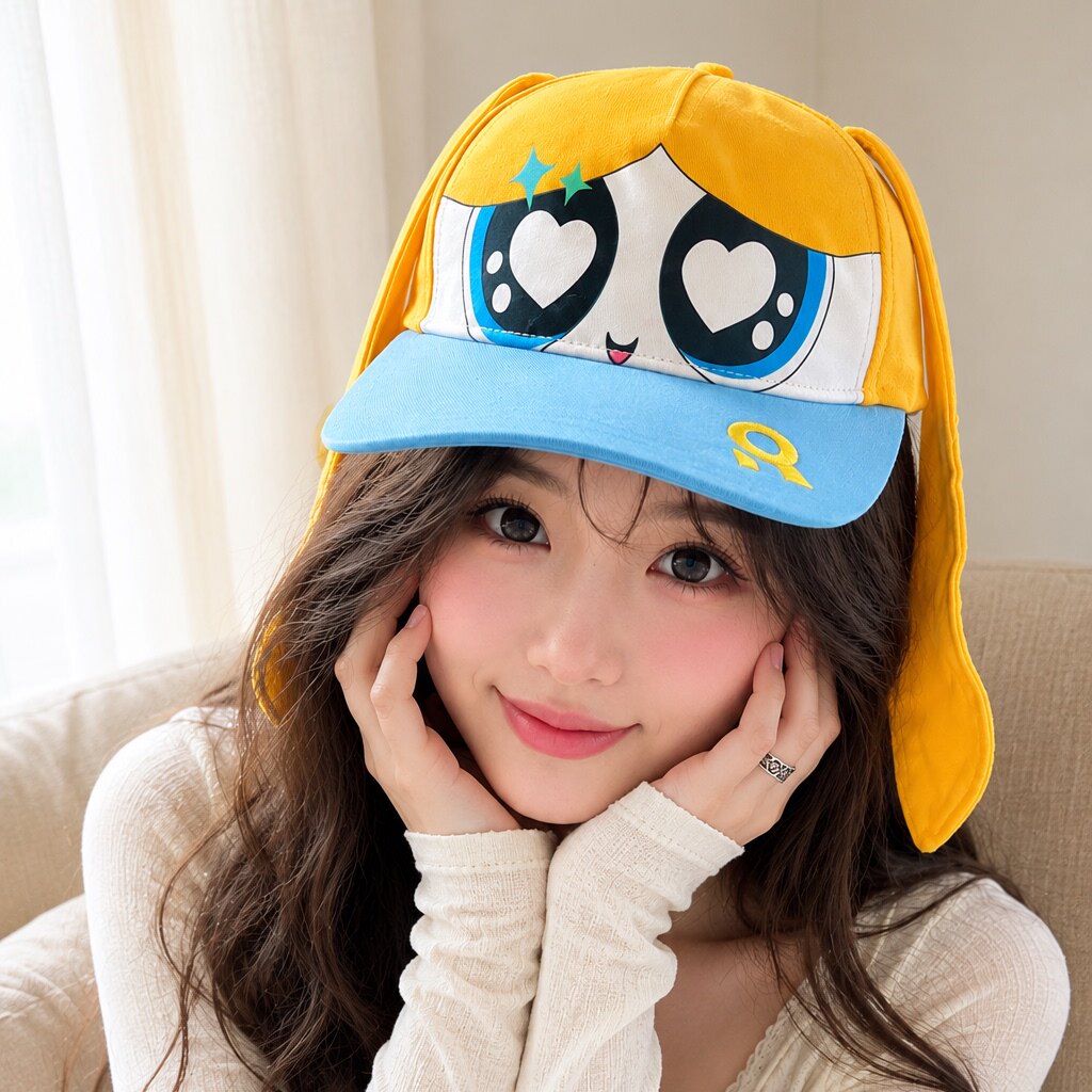 黄色兔耳爱心大眼萌系棒球帽女