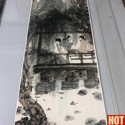 真国画人物下棋图宣纸微喷竖幅I装饰画 傅抱石 春亭对弈