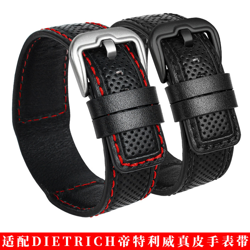 适配Dietrich帝特利威男真皮手表带黑色红线一Q整条牛皮表带24MM