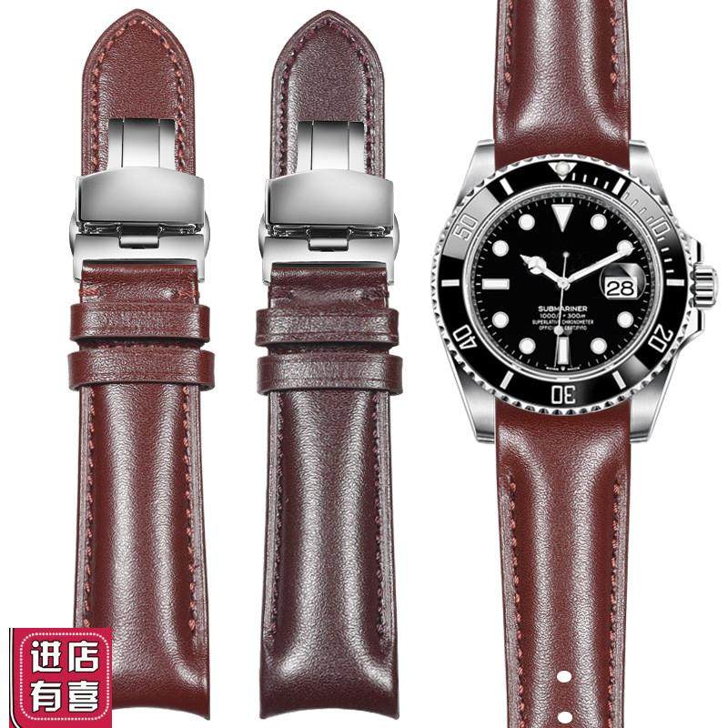 适用劳力士手表带真皮o迪通拿绿黑水鬼游艇男女士弯头弧形表带20m