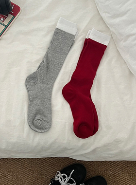 韩风ins款博主同款拼色双罗口中筒女袜春夏季薄款堆堆袜红色袜子