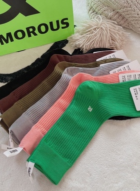 韩国字母纯色袜子女百搭基础棉质网红款绿色粉色中筒袜外穿堆堆袜