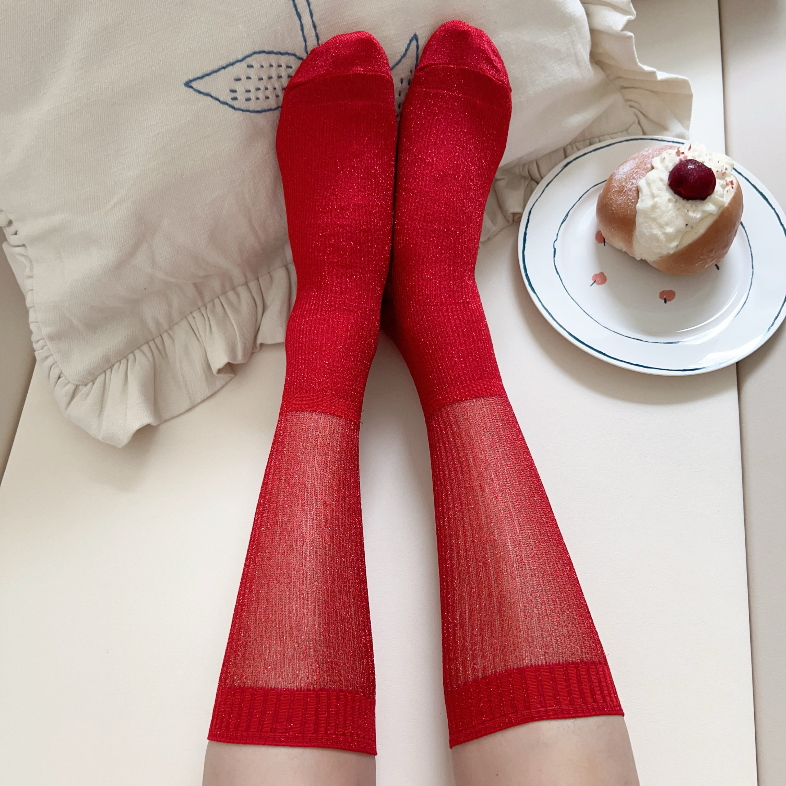 多巴胺复古红色亮丝长筒袜时尚网纱拼接薄款小腿堆堆袜彩色丝袜女