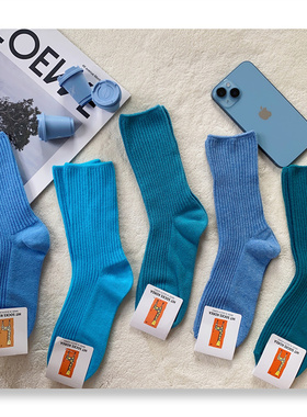 蓝色袜子女韩国进口小鹿中筒袜ins时髦百搭纯色中筒袜复古堆堆袜